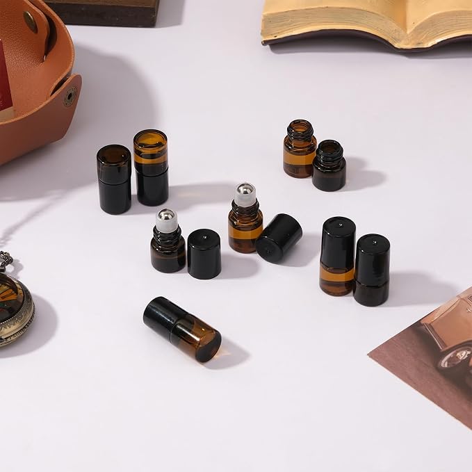 30 pack 1ml Amber Glass Roller Bottles for Essential Oils Refillable Roll-on Applicator with Stainless Steel Roller Balls Mini Leak-proof Makeup Containers with Pipettes and Bottle Opener