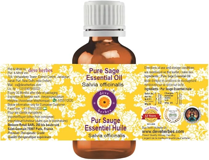 dève herbes Sage Essential Oil (Salvia officinalis) Pure | Non-Sticky | Non-Greasy | Lightweight | Men & Women | All Skin Types | Steam Distilled 10ml (0.33 oz)