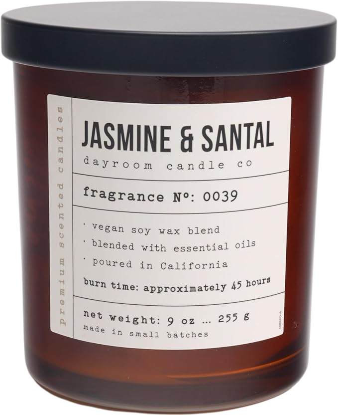 LEOBEN CO – Jasmine & Santal Scented Candle – 9oz, Dayroom Collection Design – 50 hr Burn time – Poured in California Using Vegan Soy Wax and Essential Oils – Made in Small Batches