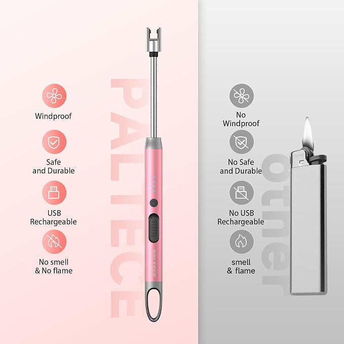 Electric Candle Lighter, USB-C Rechageable Flameless Lighters for Camping, Long Lighter with 360° Flexible Neck & Safety Switch, Windproof Lighters for BBQ, Gift for Mom, Wife (Rose Gold)