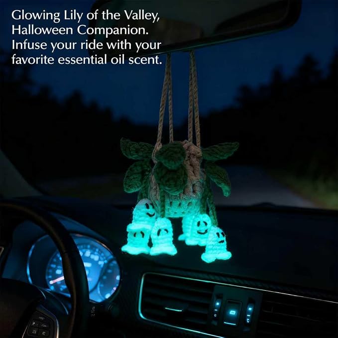 ROFIGL Handmade Crochet Hanging Car Air Freshener - Glow-in-the-Dark Lily of the Valley Plant with 12ml Refillable Essential Oil Diffuser Bottle, Halloween Car Accessories & Bedroom Nightlight Decor