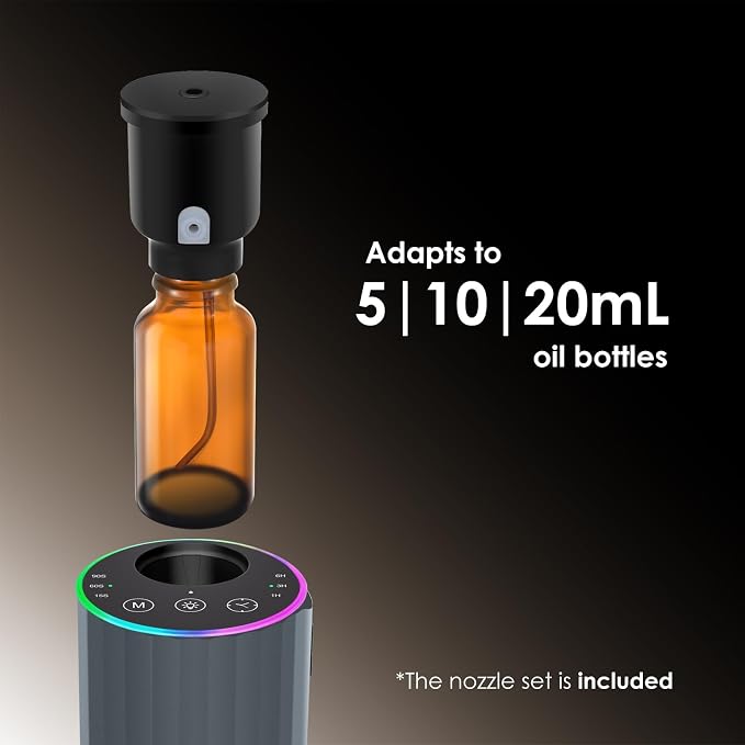 Waterless Essential Oil Diffuser, 7 Colors LED Light, Battery Powered Mini Scent Air Machine, Aromatherapy Mist Diffuser for Home Room Car Office，Black Aluminum Alloy (Gray-LED)