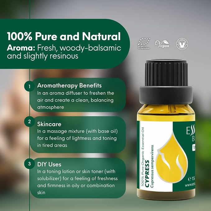Essences Bulgaria Cypress Essential Oil 15ml (0.51 Fl Oz) | Cupressus sempervirens | 100% Pure, Natural, Undiluted | Aromatherapy, Cosmetics | Vegan, Non-GMO, Cruelty-Free