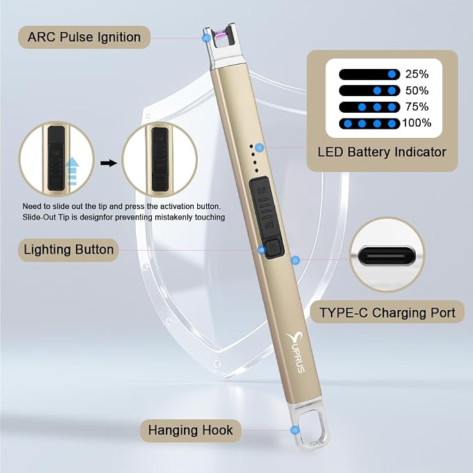 SUPRUS Candle Lighter Arc Electric Lighter Windproof Flameless with Safety Switch for Camping BBQ Birthday, Giftbox for Mom Wife Friend (Champagne Gold)