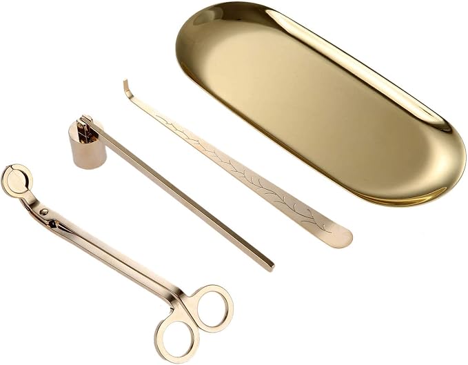 MUXSAM 4 in 1 Candle Accessory Set - Wick Trimmer, Dipper, Snuffer, Storage Tray Plate, Candle Care Tools Gift for Lovers of Home Decoration (Gold)