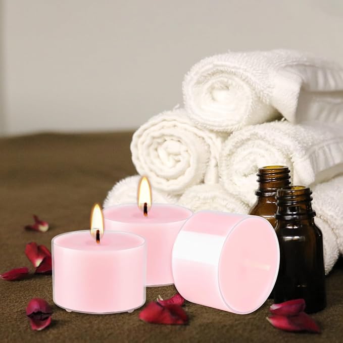 Rose Scented Candle Tealight Candles in Clear Cup, 8 Hours Consistent Smkless Clean Burning, Great for Valentine's Day Holiday, Wedding, Spa, Emergency and Home Decoration（Pink，50 Pack）