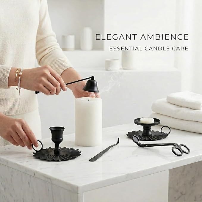 5 Piece Candle Accessory Set - Wick Trimmer, Snuffer, Dipper, Lighter, Candle Holder - Stainless Steel