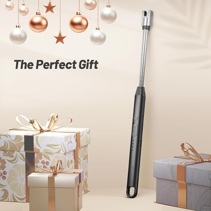 VEHHE Electric Lighter with 360° Flexible Neck, Flameless Windproof Long Candle Lighter with Led Battery Display, USB C Rechargeable with Hanging Hook for Gifts BBQ Fireworks (Black)