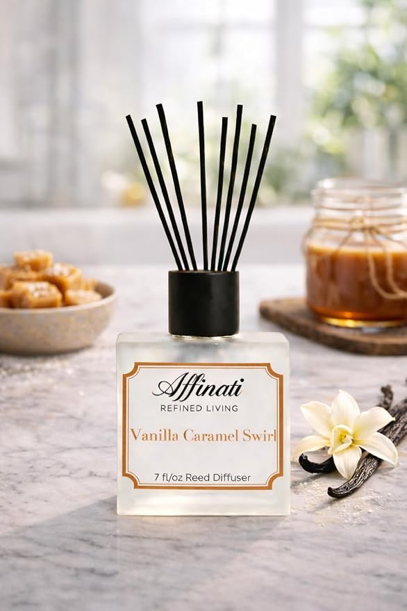 Affinati Vanilla Caramel Swirl Reed Diffuser – 7.0 fl oz Home Fragrance Diffuser with 8 Reeds – Long Lasting Flame Free Room Fragrance for Bedroom, Bathroom, Office & Living Room