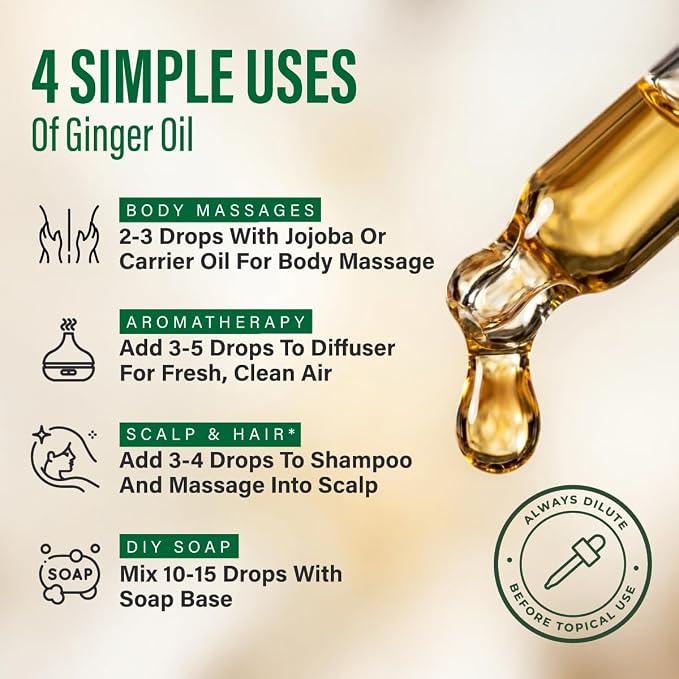 100% Pure Ginger Oil - 4 Fl Oz Ginger Essential Oil for Hair, Skin, Diffuser, Aromatherapy & DIY Soap Making Scent