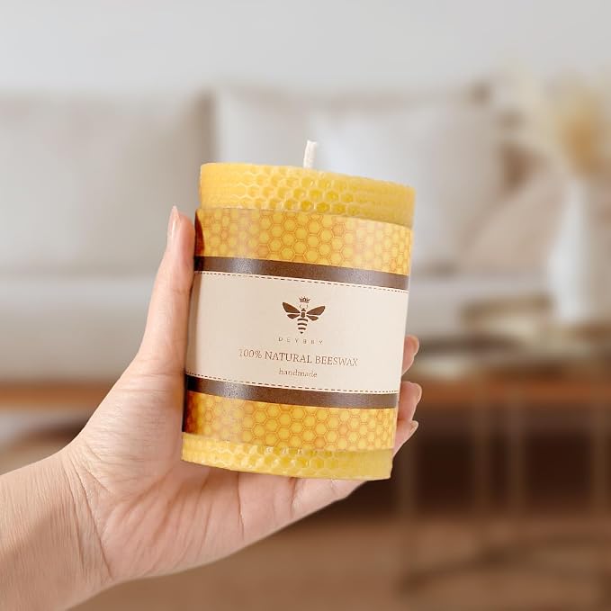 DEYBBY 3×4 in Beeswax Pillar Candle - Handmade Pure Organic Beeswax Honeycomb Rolled Candle for Home Study Decor Housewarming GFT