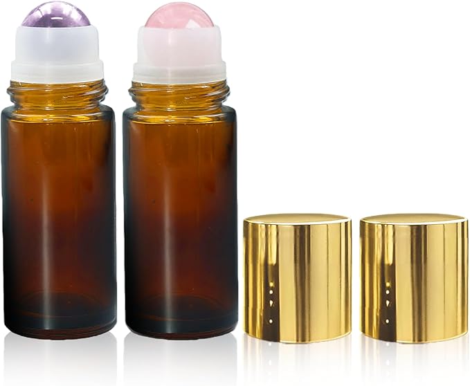 Rose Quartz & Amethyst Roller Bottles for Essential Oils, 50ml Refillable Amber Glass Roll On Bottles with Natural Crystal Roller Balls, Leak-Proof Travel Perfume Bottle with Gold Caps