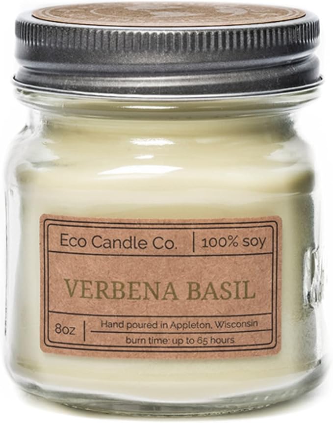 ECO CANDLE CO. Mason Jar Candle, Verbena Basil, 8 oz. - Scents of Lemons, Verbena, Basil, & Cedar - 100% Soy Wax, No Lead, Kraft Label & Antiqued Pewter Lid, Hand Poured, Midwest Grown Soybeans