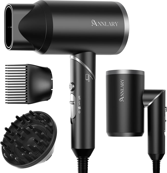 ANNLARY Hair Dryer with Comb | 1800W Blow Dryer with Diffuser for Curly Hair | Plasma Ionic Hairdryer for Frizz Control & Shine | Foldable Portable Travel Hair Dryer | 6.5 ft Cord (Black)