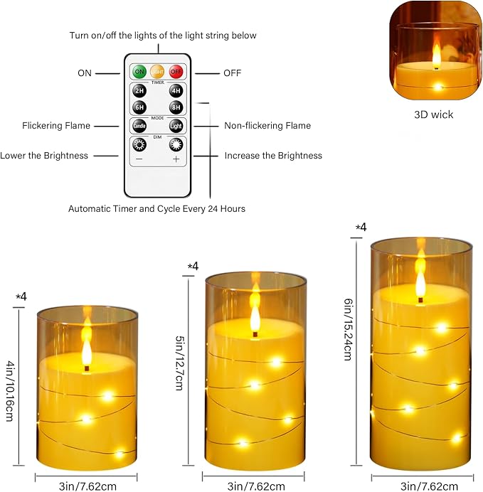 kakoya Flameless LED Candles with Timer 12 Pc Flickering Flameless Candles for Romantic Ambiance and Home Decoration Stable Acrylic Shell,with Embedded Star String，Battery Operated Candles(Gold)