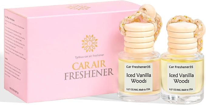 Hanging Car Air Freshener, Long Lasting Essential Oil Diffuser, Non-Toxic Iced Vanilla Woods Scent, Cute Car Fresheners for Women, 2 Pack Made in USA