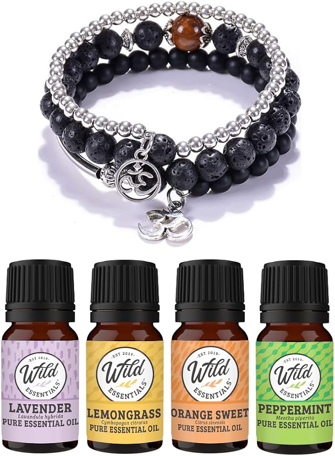 Wild Essentials Triple Band Namaste Lava Stone Essential Oil Diffuser Wrap Bracelet, Expands to Any Size, Aromatherapy Jewelry Gift Set and 100% Pure Oils (Lavender, Lemongrass, Orange, Peppermint)