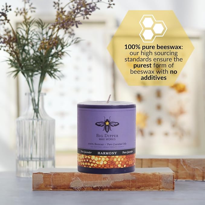 Big Dipper Wax Works Harmony Aromatherapy Candle, Pure Lavender, Pillar Candle for Relaxation & Stress Relief, Calming Floral Scent, 60-Hour Burn, Natural Beeswax & Essential Oils, 3” x 3.5”