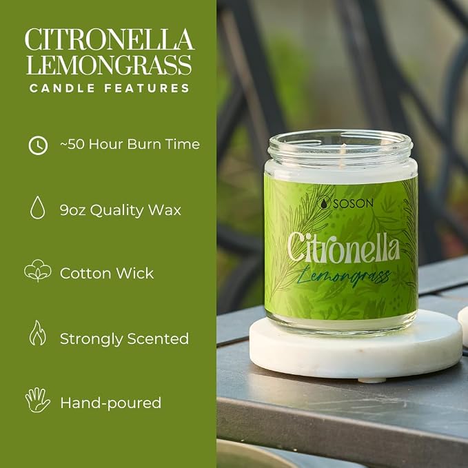 Simply Soson Citronella Lemongrass 9oz Scented Candle – Fresh Citrus Aromatherapy Candle for Indoor & Outdoor Use, Summer Home Fragrance
