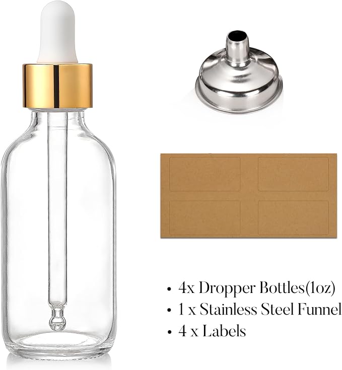 AOZITA 4 Pcs, 1 oz Golden Cap Clear Dropper Bottles (30ml) with 1 Funnel & 4 Labels - Glass Tincture Bottles with Eye Droppers - Leakproof Essential Oil Bottles for Health, Personal Care & Beauty