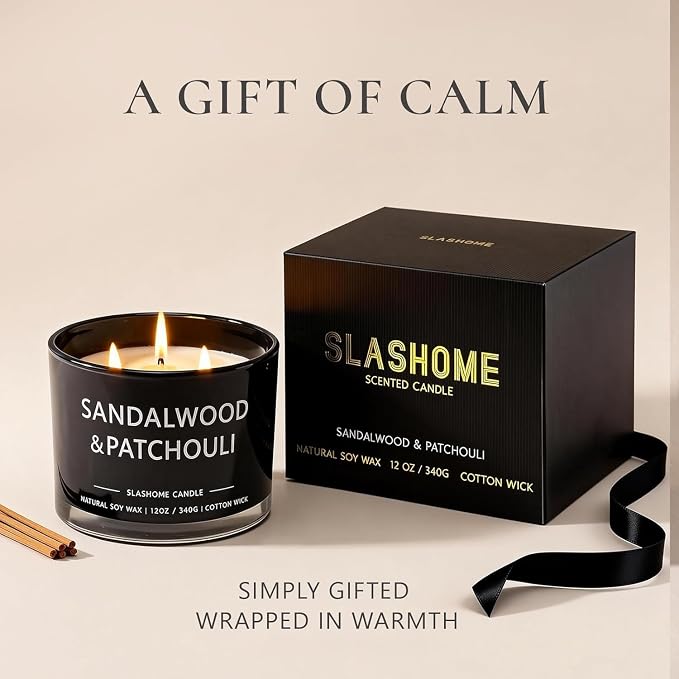 Sandalwood & Patchouli Scented Candle, Luxury Large 3 Wick Soy Candle 12 Oz, 60+ Hour Long Lasting Clean Burn, Elegant Aromatherapy Home Decor, Housewarming & Birthday Gift for Men & Women