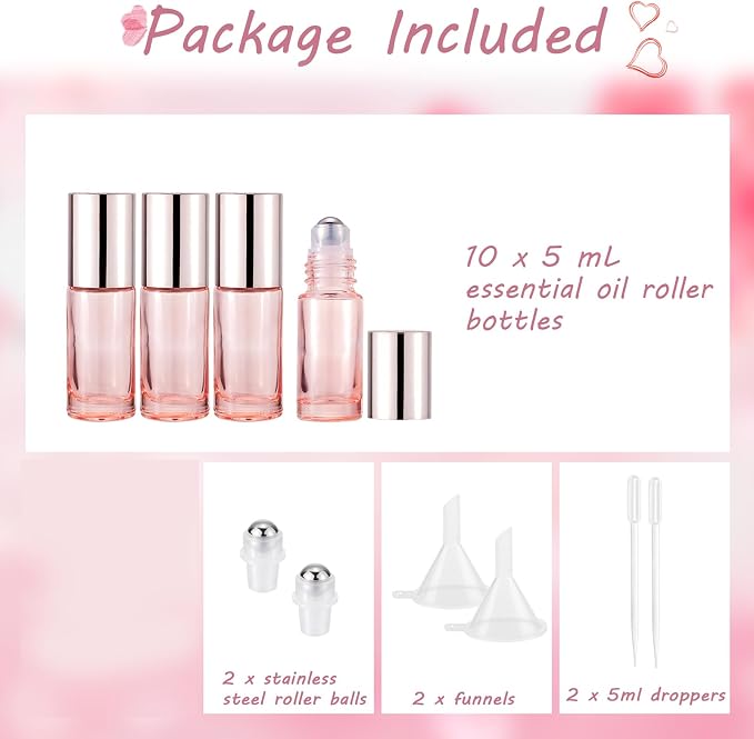 1/6 oz Cute Rose Pink Glass Roller Bottles for Essential Oils, 10Pack 5mL Refillable Roll On Bottles with Stainless Steel Roller Balls, Funnels, Pipettes for Perfume Aromatherapy Travel