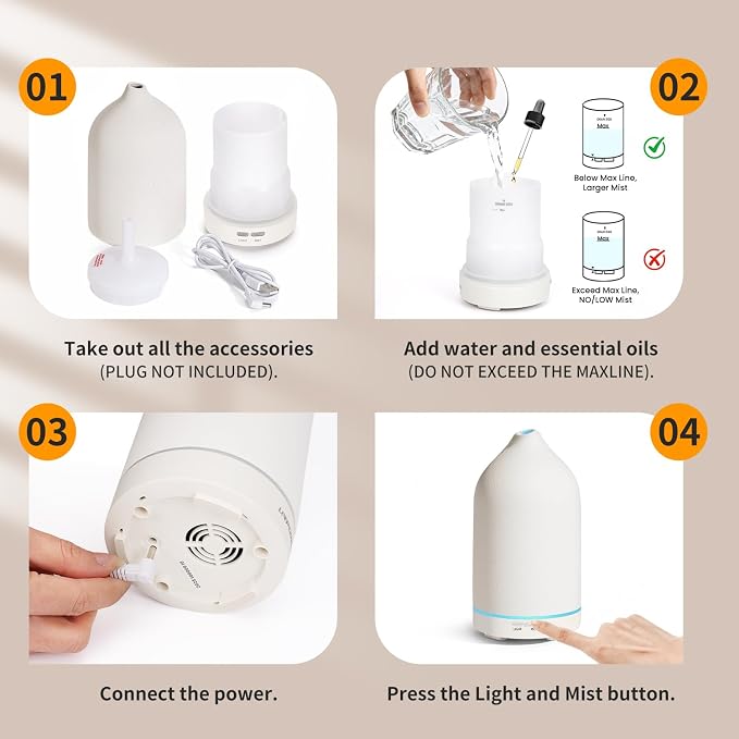 URPOWER 120ML Essential Oil Diffuser Ceramic Aromatherapy Diffuser with 7-Color LED Lights, Auto Shut-Off, 2 Mist Modes, Humidifier for Home Office Decor, Scent Diffuser for Yoga Spa