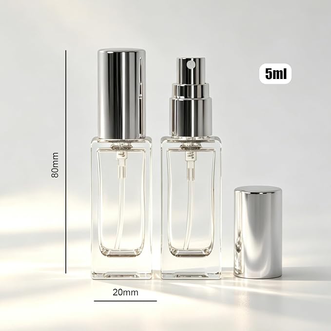 5PCS 5ml Glass Travel Refillable Perfume Bottle,Small Empty Cologne Atomizer with Dispenser Tools, Mini Pocket Spray Bottles For Toiletries and Smple Container (Silvery Cap 5p)