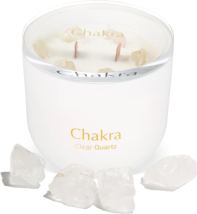 Hidden Label Crystal Candle for Libra, Clear Quartz 12oz 2 Wood Wicks Crackling Candles Manifestation Candles with Crystals Inside, Chakra Collection Healing Scented Candles
