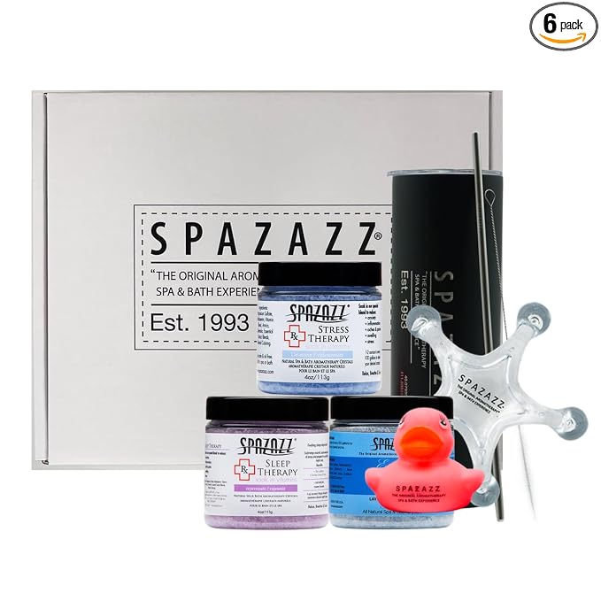 Spazazz Hot Tub Aromatherapy Spa Gift Set – Three 4 Oz Bath Salts in Sleep, Stress and Lavender Palmarosa with Tumbler, 5 Point Massager & Rubber Duck Bath Gift Set- Relaxing Gifts for Women