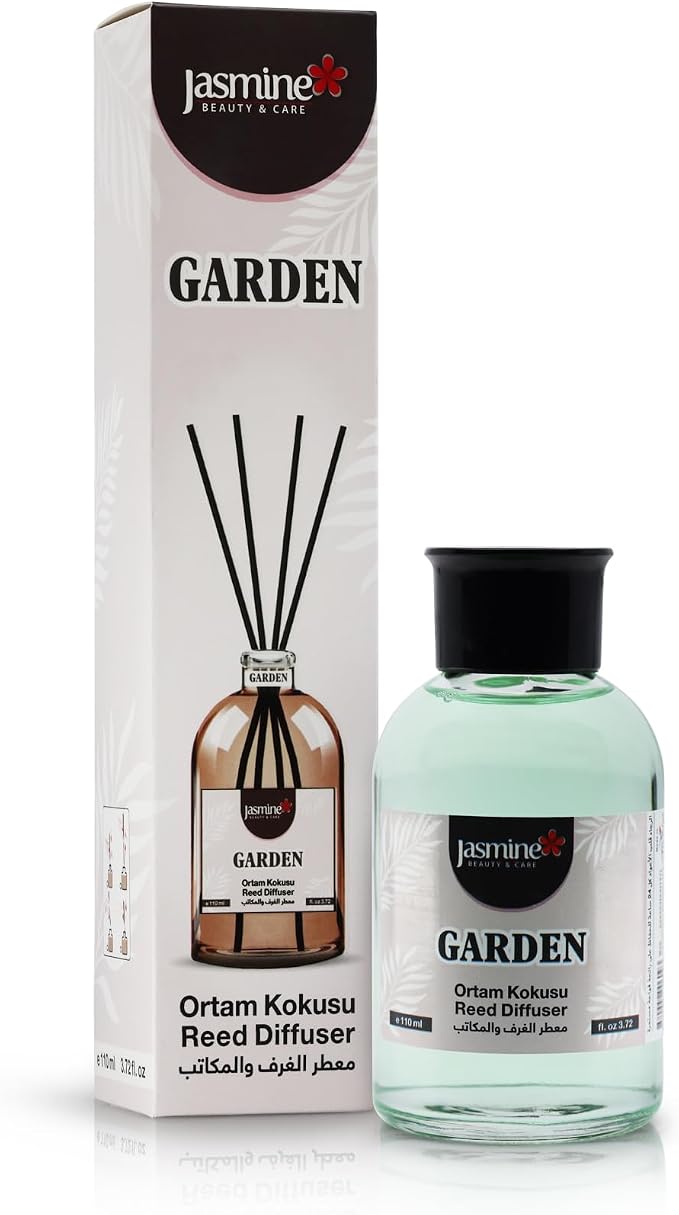 Jasmine Turkish Reed Diffuser 3.72 fl.oz, 110ml, Oil Reed Diffuser with 4 Sticks for Your Office, Bedroom, Bathroom and Kitchen. A Nice Gift to Love. Jasmine Beauty And Care. (Garden), White