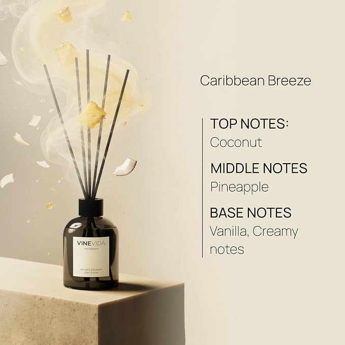 VINEVIDA Reed Diffuser Caribbean Breeze | Diffuser Reed for Home & Bathroom | Long-Lasting Scent Sticks Set | Oil Stick Diffuser | Bathroom Scent