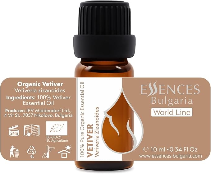 Essences Bulgaria Organic Vetiver Essential Oil 0.34 Fl Oz | 10ml | Vetiveria zizanioides | 100% Pure and Natural | Undiluted | Therapeutic Grade | Aromatherapy | Cosmetics | Cruelty Free | Non-GMO