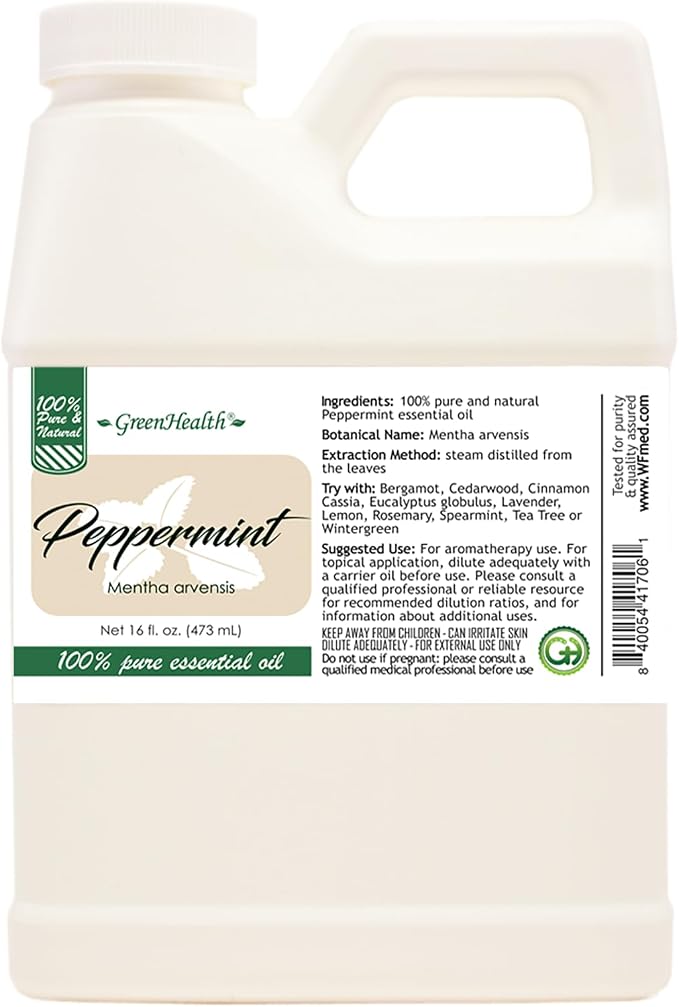 GreenHealth Peppermint Essential Oil – 16 fl oz | 100% Pure & Uncut | Heavy-Duty Plastic Jug | FDA Compliant, Space-Saving Container | for Aromatherapy, Soap, Candles, Cleaning, DIY