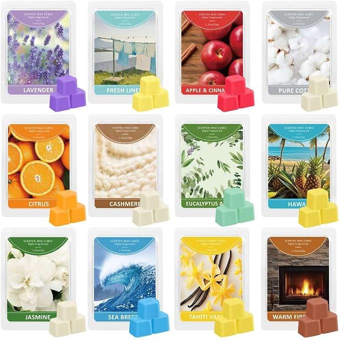 SCENTORINI Scented Wax Melts 12 Pack - Spring & Summer Assorted Scents Including Pure Cotton, Tahiti Vanilla, Jasmine & Eucalyptus Sage | Strong Fragrance Wax Cubes for Warmer, Home, Office