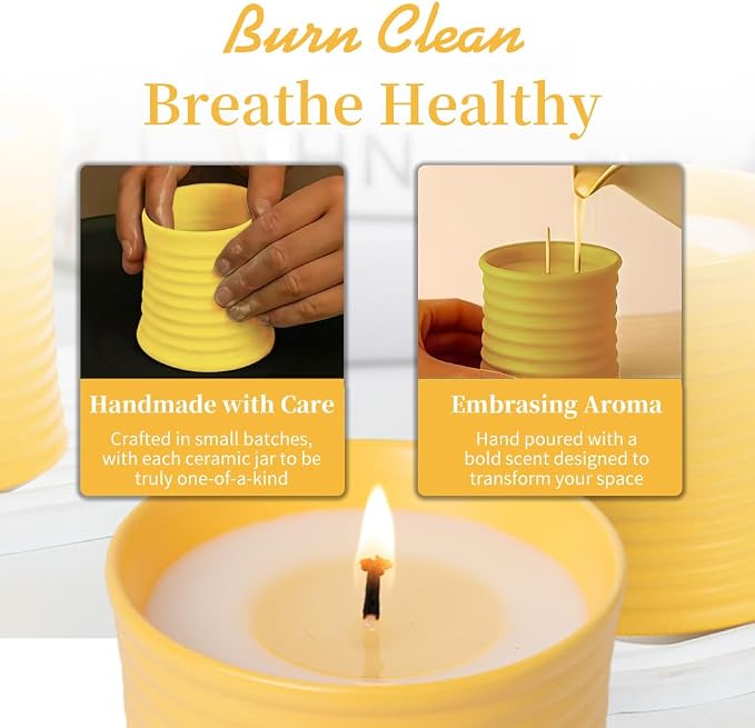 Generic Natural Soy Wax Scented Candle, Lime Basil Citrus Fragrance, Handmade Luxury Home Decor with Cotton Wick,Yellow Ceramic Container, Reusable Jar