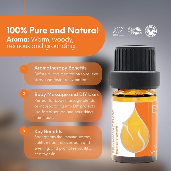 Essences Bulgaria Organic Frankincense Essential Oil 0.17 Fl Oz 5ml Boswellia Carterii - 100% Pure and Natural Undiluted Therapeutic Grade for Aromatherapy with Diffuser or Air Purifier Body Massage