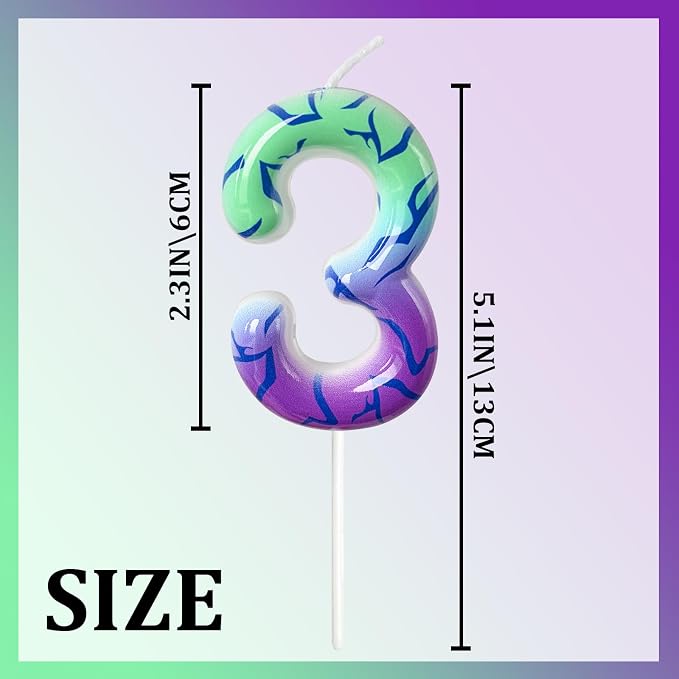 Number 3 Birthday Candle for Cake – Purple Green Gradient Number Candle with Mystic Rune Pattern, Decorative Cake Topper for Anniversary & Celebration