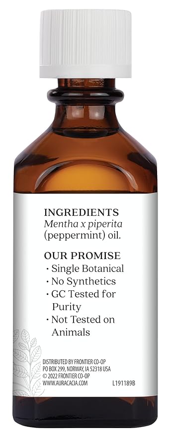 Aura Cacia Peppermint Essential Oil, 2-Ounce, Cools Skin, Fresh Minty Aroma, No Synthetic Fragrances, Color or Preservatives
