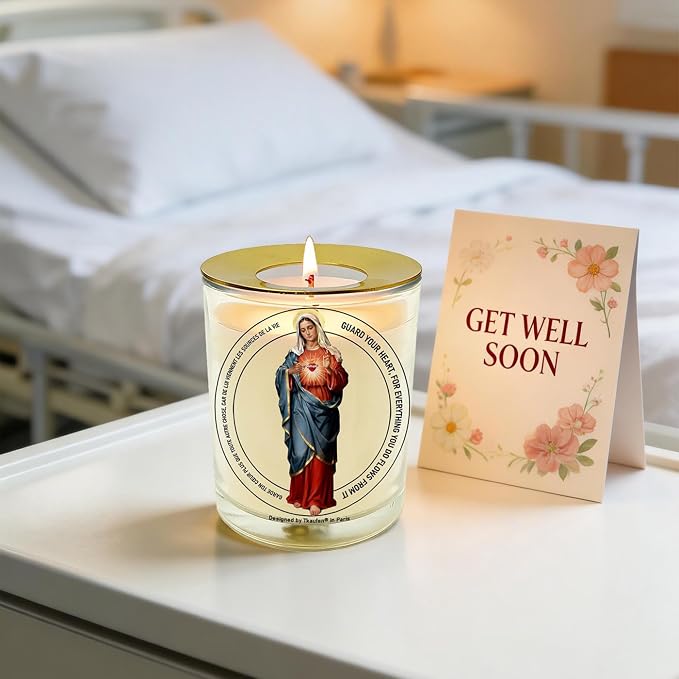 Immaculate Heart of Mary Devotional Candle 50 Hours with Warmer Ring│Hand-Poured Soy Wax│Sinless, Pure, and All‑Loving Heart, Faith, Hope, and Charity, Mother of The Church│Design in Paris│3“×3.6”