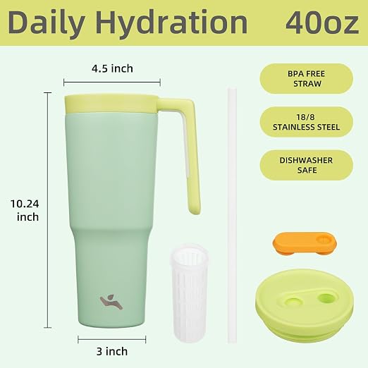 Konokyo Insulated Tumbler with Handle and Straw,40 OZ Vacuum Stainless Steel Water Bottle Travel Mug Metal Cup with Fruit Diffuser,Lime
