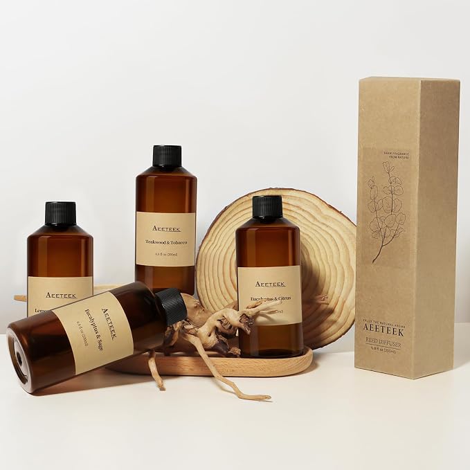 Reed Diffuser, Teakwood & Tobacco Essential Oil Diffuser with Diffuser Sticks, 6.8 oz (200ml) Musk Scented Oil, Handmade Home Air Freshener, Long-Lasting Room Scent for Office, Bathroom