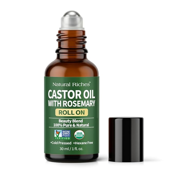 Natural Riches Organic Castor Oil with Rosemary Roll On for Hair Growth & Skin Care - Essential Oil Roller for Eyebrows, Eyelashes - Cold Pressed & Hexane Free Formula - 1 fl oz
