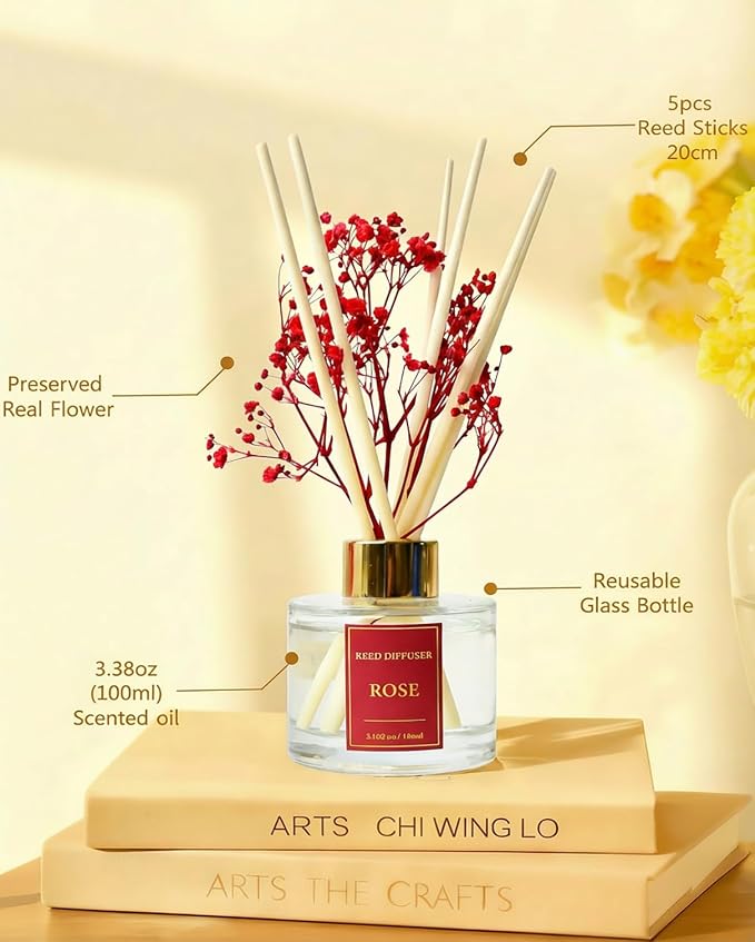 Reed Diffuser Set-Rose Scent Fragrance Oil Diffuser with 6 Reed Sticks | Home & Bedroom Bathroom Decor,3.38 fl oz (100ml)