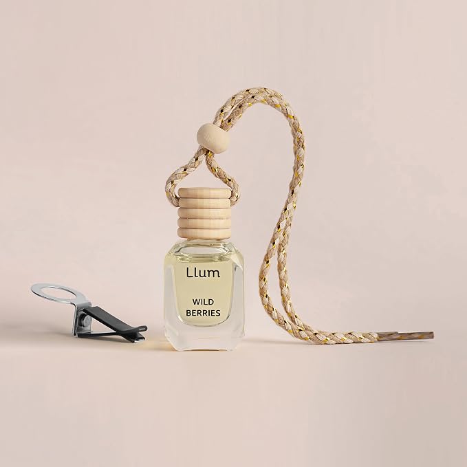 Llum Wild Berries Hanging Car Air Freshener – Luxury Automotive Perfume Diffuser 10ml (0.34 fl oz), Long-Lasting Fragrance, Alcohol-Free Non-Toxic Scent, Glass Bottle With Wood Cap & AC Vent Clip