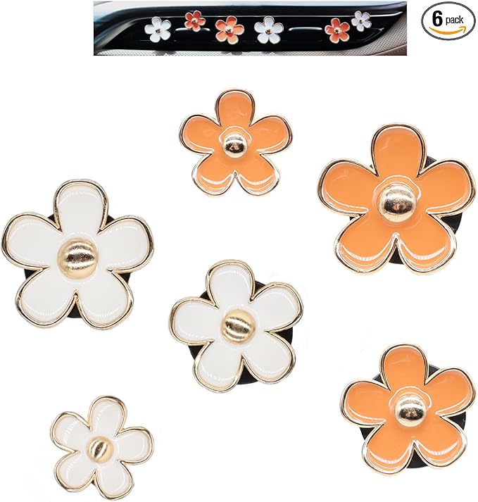 ORIESSE 6pcs Daisy Flower Air Vent Clips Car Air Fresheners White Orange Cute Daisy Car Decor Girly Car Accessories for Women Sparkle 3.3cm/3cm/2.5cm Flower Car Vent Clips Refillable Car Diffuser