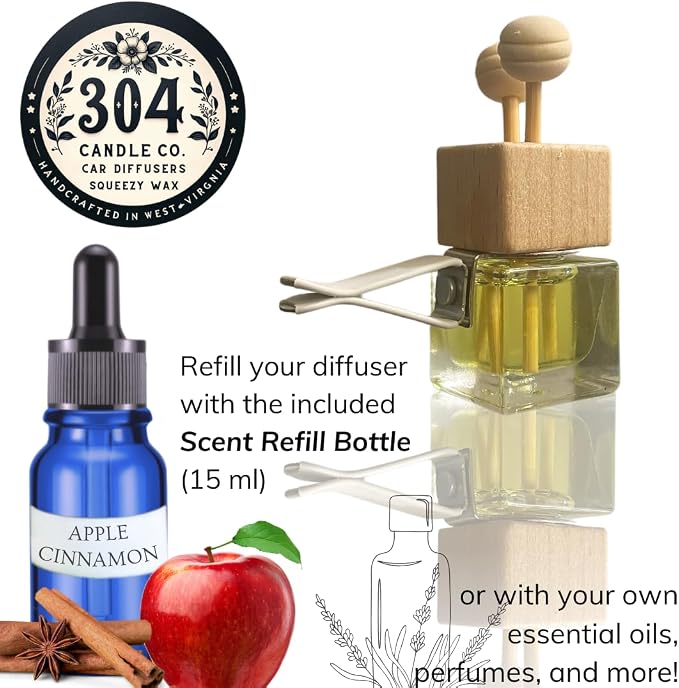 Cute Refillable Car Air Freshener Vent Clip 8mL – Apple Cinnamon – 15mL Refill Included – Long Lasting Fragrance Oil Diffuser – 100% American Handmade Odor Eliminator