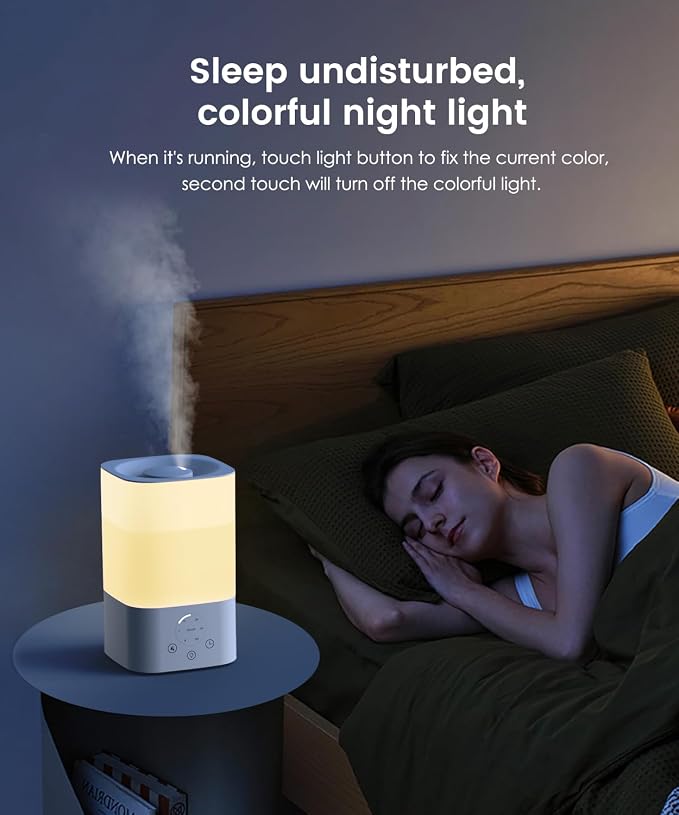 Pharata Humidifiers for Bedroom Home, 3.5L Top Fill Air Cool Mist Humidifiers for Baby Large Room Indoor Plants Nursery, Night Light, White