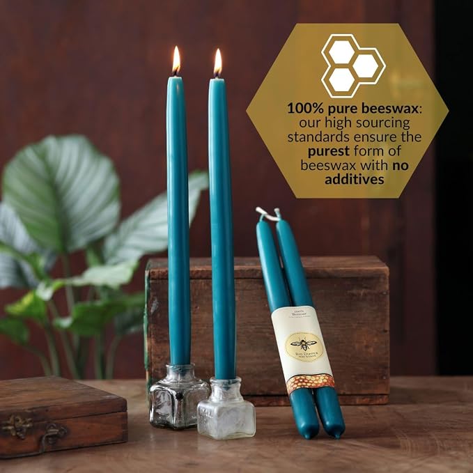 Big Dipper Wax Works Teal Blue Hand-Dipped Beeswax Taper Candles – 12” x 7/8”, 2-Pack, 100% Pure Beeswax, Long Burning, Clean, Cotton Wick, Handmade in USA, Home Décor & Wedding Candles