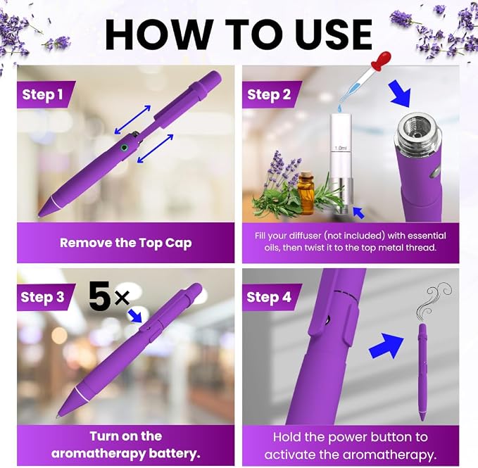 Aromatherapy Writing Pen Battery with Real Ink Tip and Hidden Diffuser Port, Soft Touch Ballpoint for Note Taking, Signature, and On-The-Go Relaxation, Rechargeable Wellness Gift for Office (Purple)